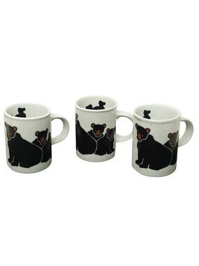 3 Marc Tetro Mugs Set Black Bear Momma with Cubs 10 oz Danesco Canada Tea Cups